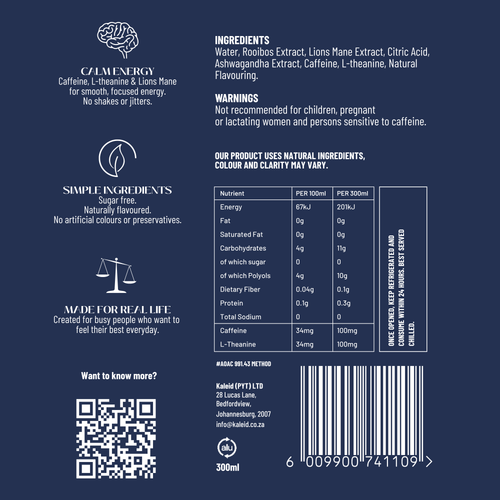 Back label of Kaleid Mixed Berry Cans, nutritional information, benefits, QR code.